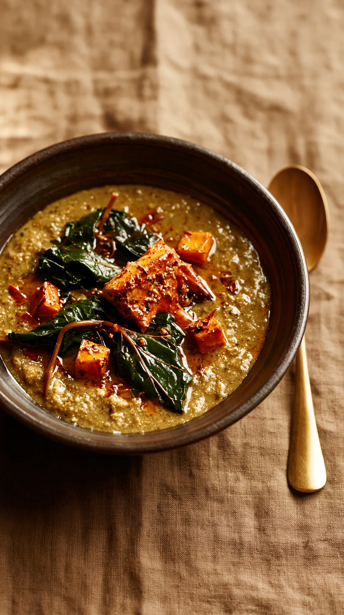 Egusi with callaloo greens and roasted pepper