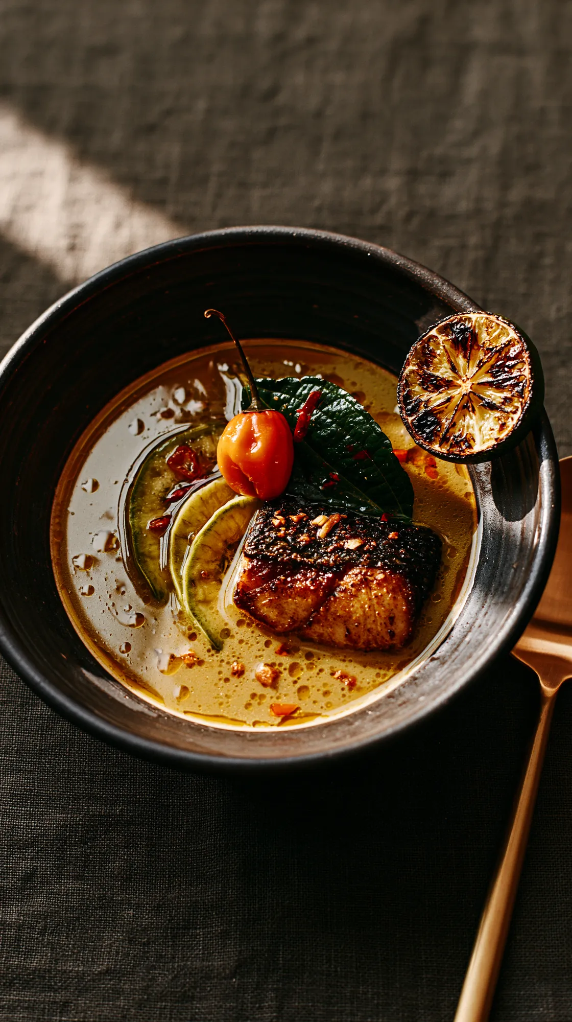 Pepper soup with snapper, scotch bonnet and charred lime