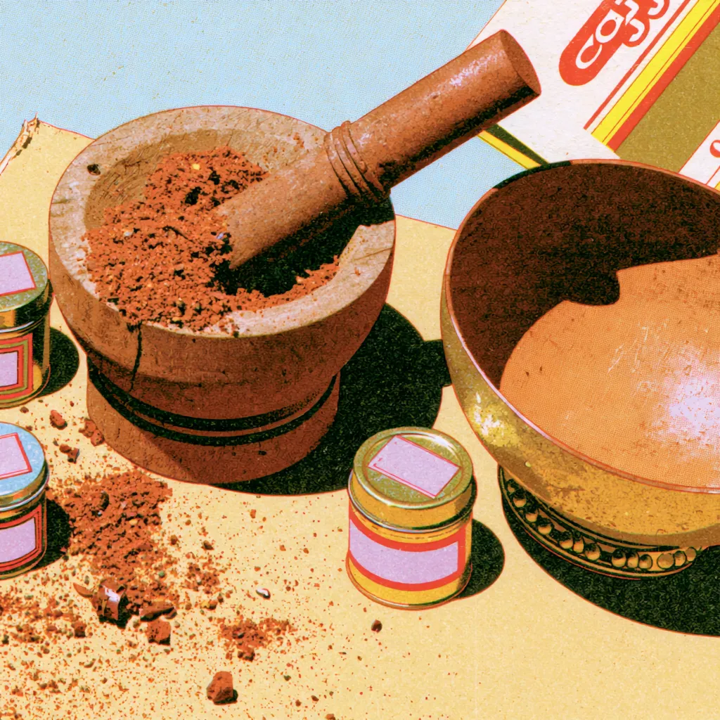 Mortar, pestle and spice tins